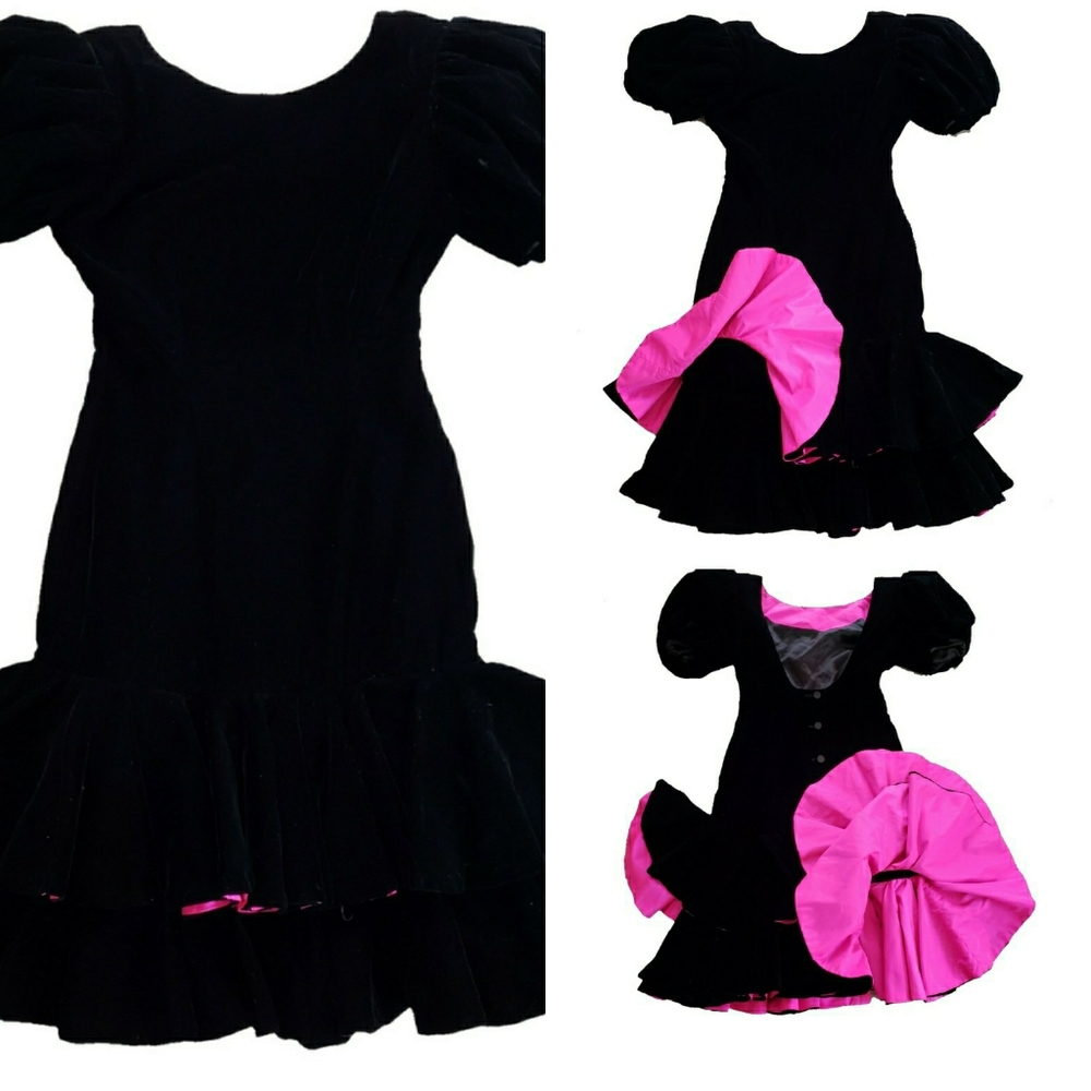 SOLD Vtg 80s Lillie Rubin Velvet Dress Black Ruffled 4